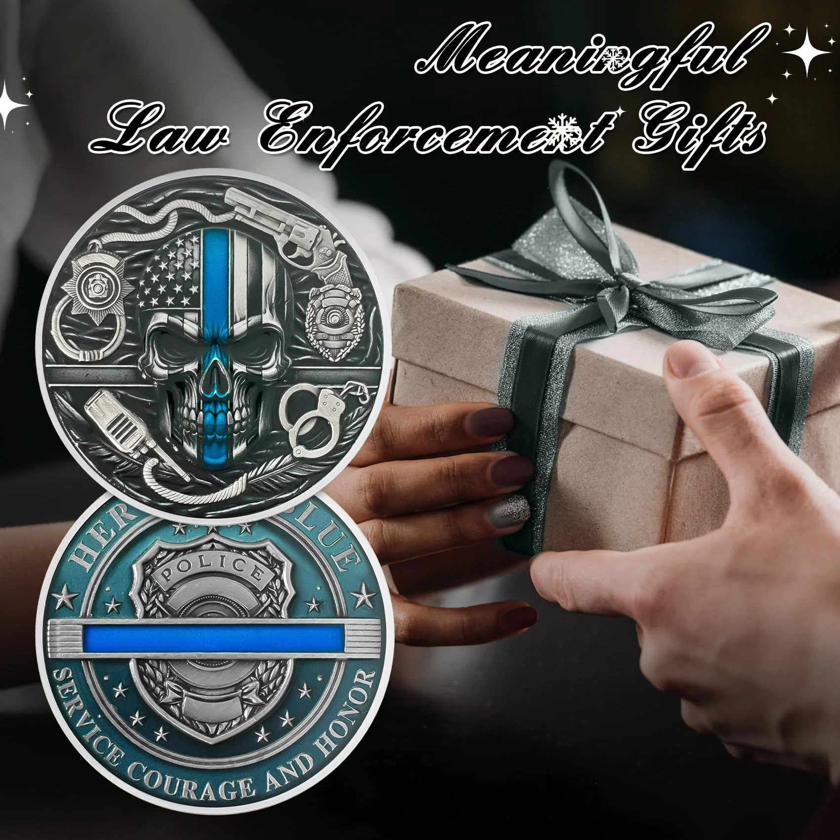 Thin Blue Line Skull Police Officers Prayer Coin - Image 2