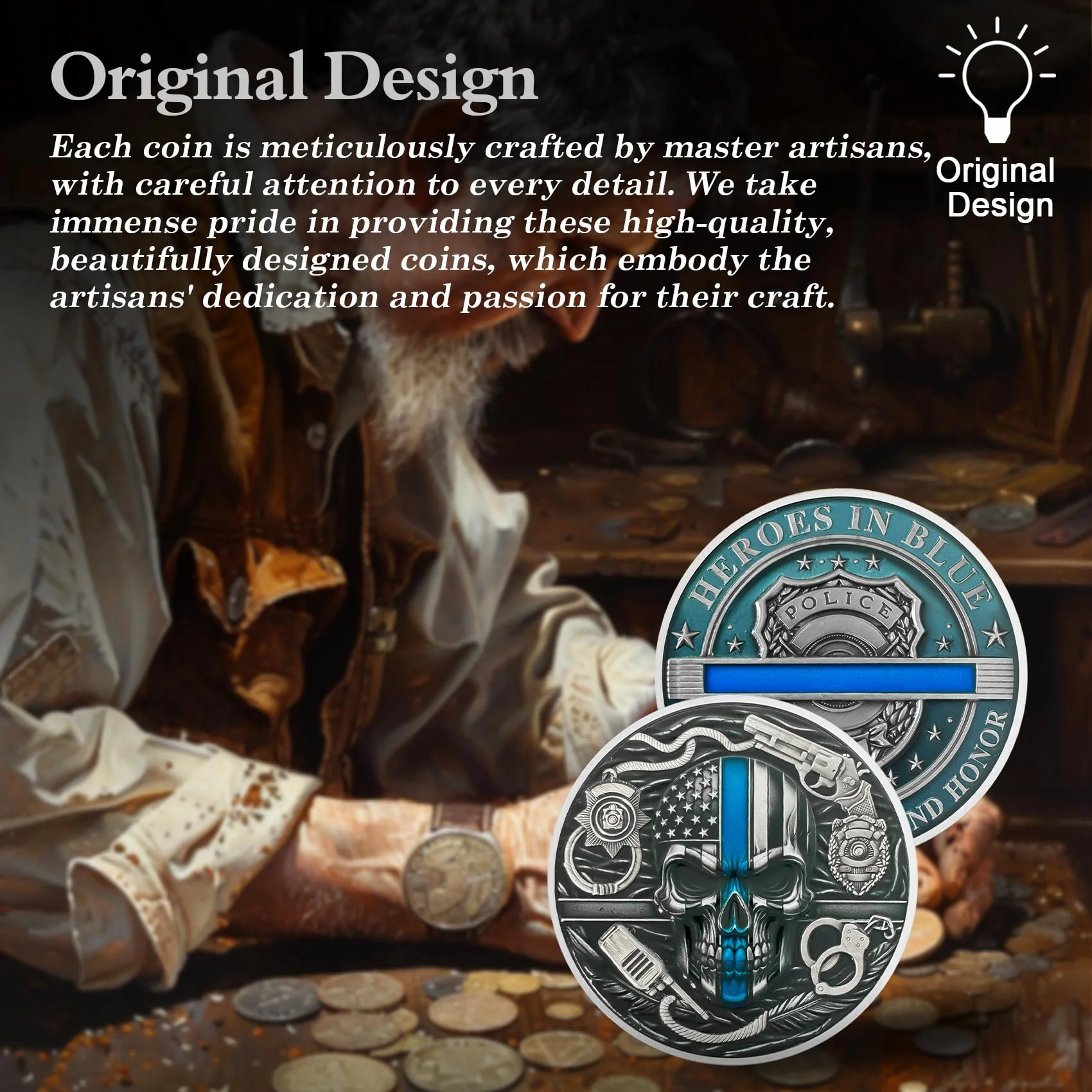 Thin Blue Line Skull Police Officers Prayer Coin - Image 3