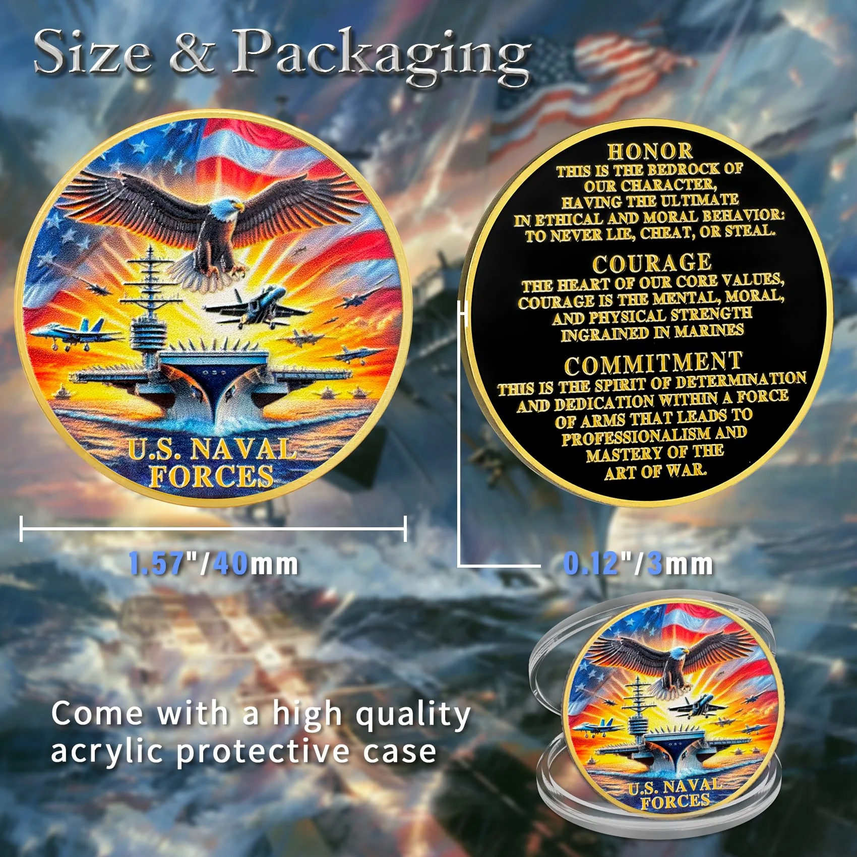 U.S. Naval Forces Veterans Navy Coin with Aircraft Carrier Eagle Military Core Values Tribute - Image 4