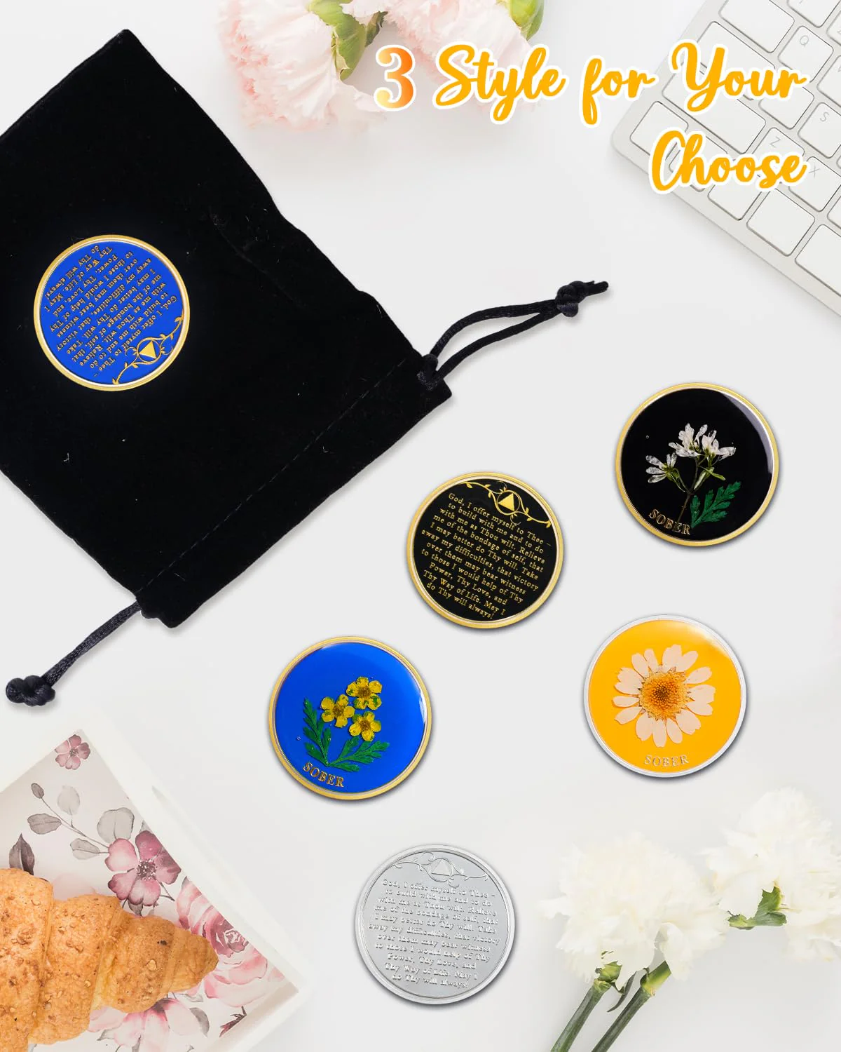 Handmade Daffodil Resin Sobriety Coin - Image 3