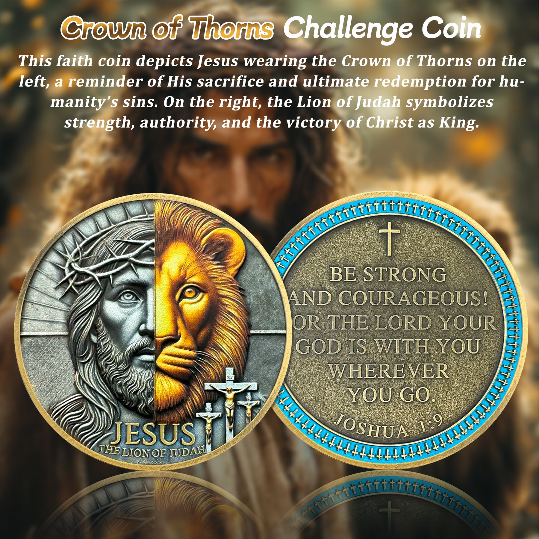 Crown of Thorns Jesus Lion of Judah Joshua 1:9 Religious Challenge Coin - Image 6