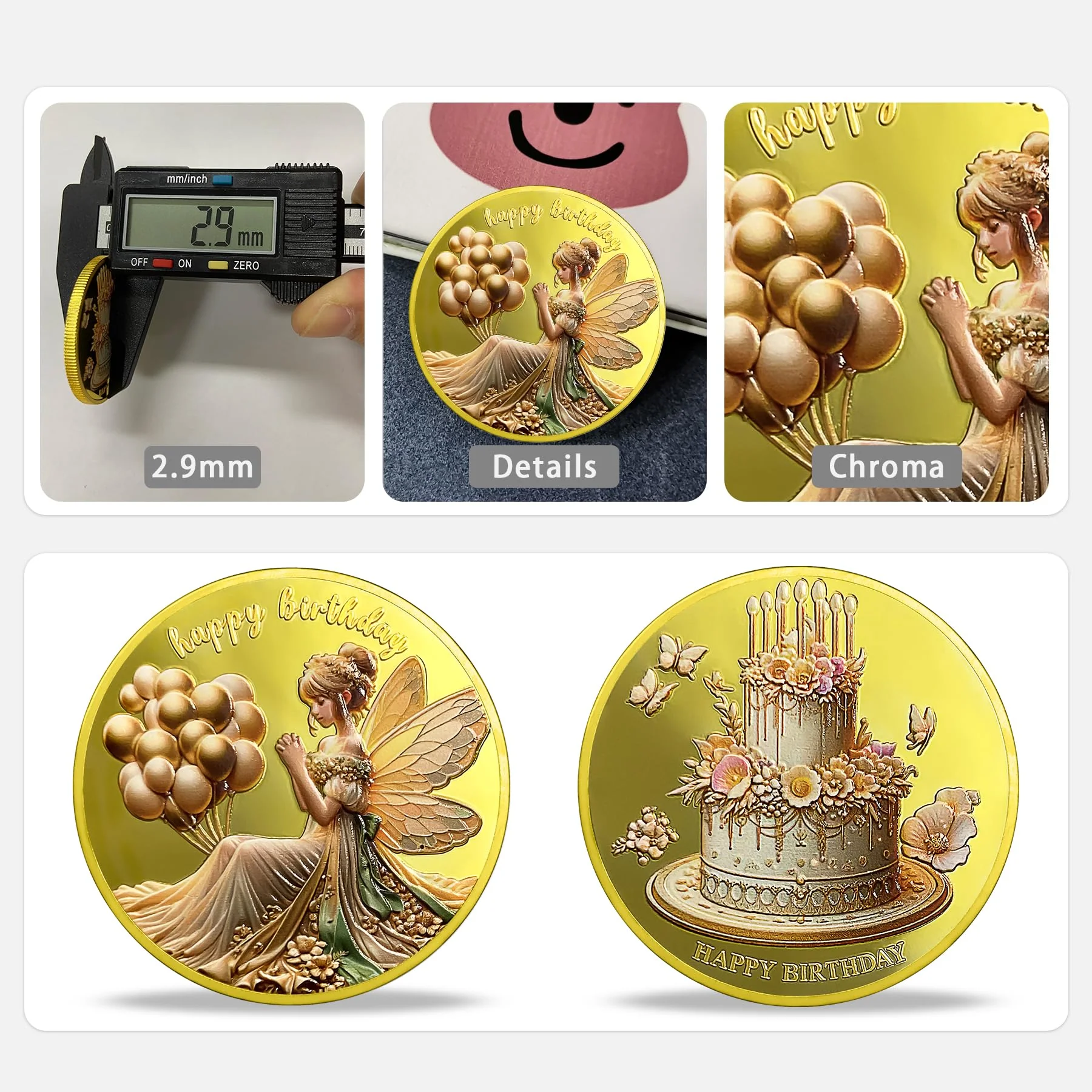 Antique Gold Fairy Angel Happy Birthday Coin - Image 3