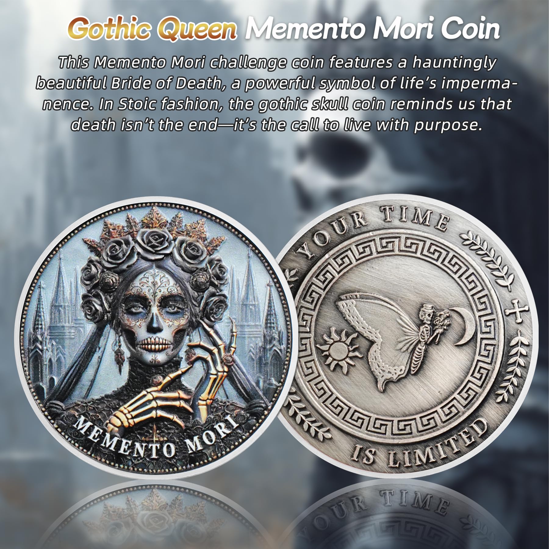 Skull Butterfly Stoic Gothic Queen Memento Mori Coin - Image 2