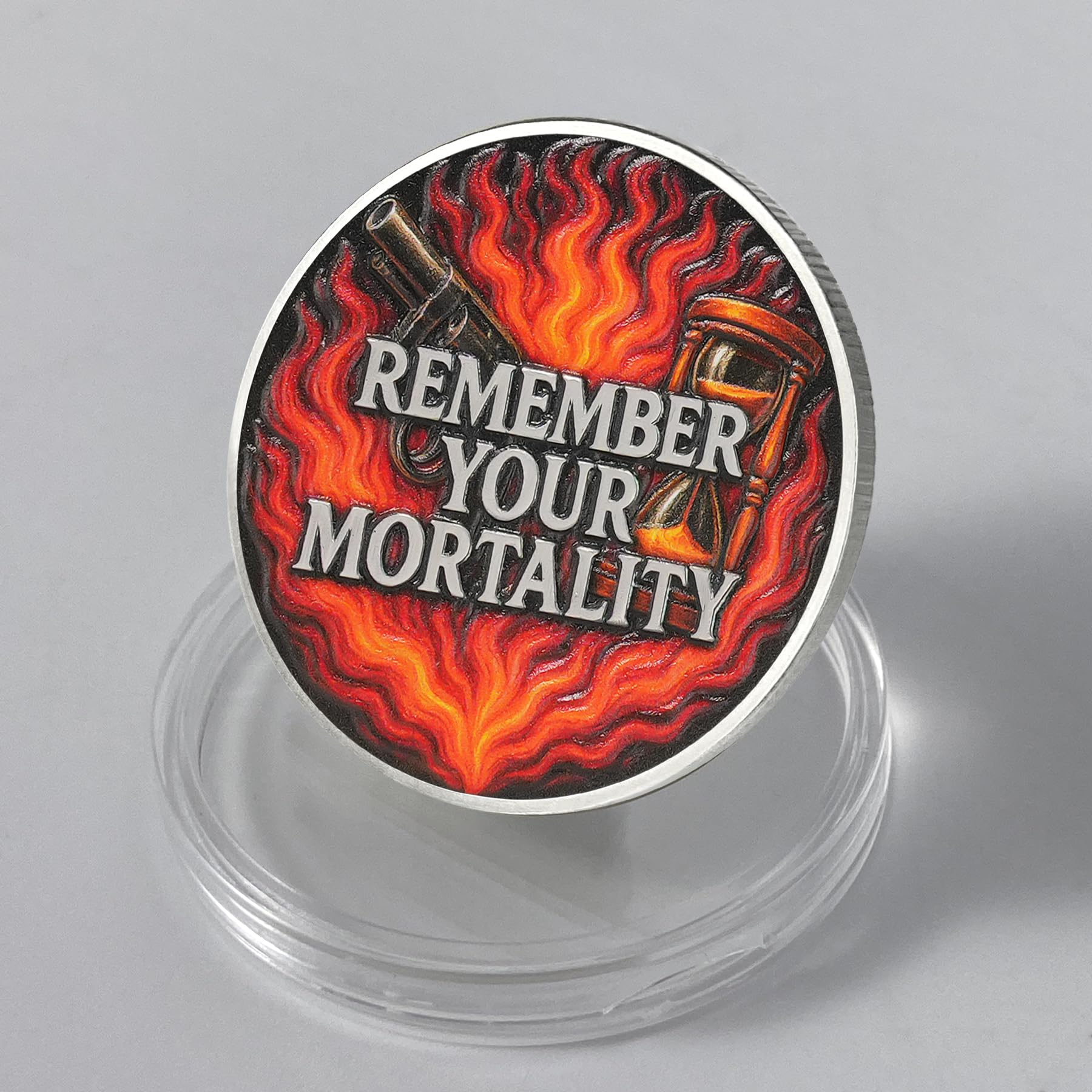 Hourglass & Flame Stoic EDC Memento Mori Skull Coin - Image 2