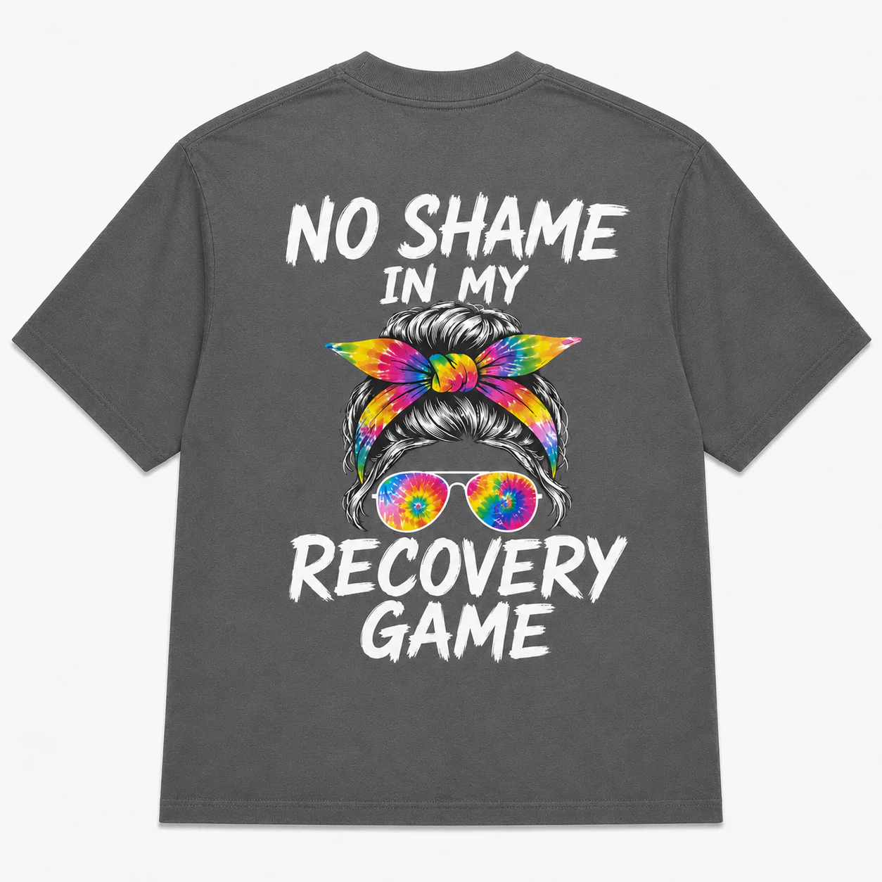 NO SHAME IN MY RECOVERY GAME – Messy Bun & Tie-Dye Tee | Proud Sober Woman Shirt | AA/NA Recovery Apparel - Image 11