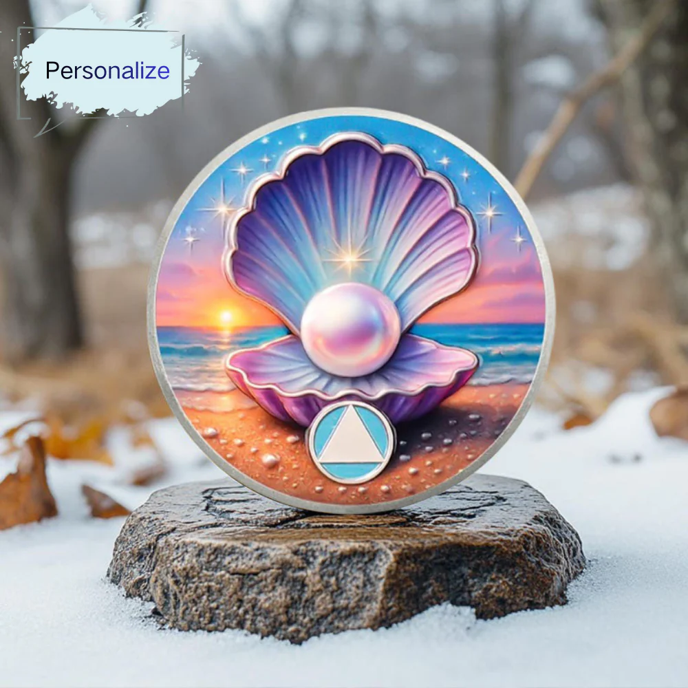 Personalize Sobriety Mint Purple Shell Pearl AA Recovery Medallion/Chip/Coin