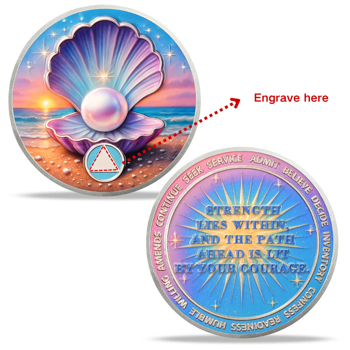 Personalize Sobriety Mint Purple Shell Pearl AA Recovery Medallion/Chip/Coin - Image 2