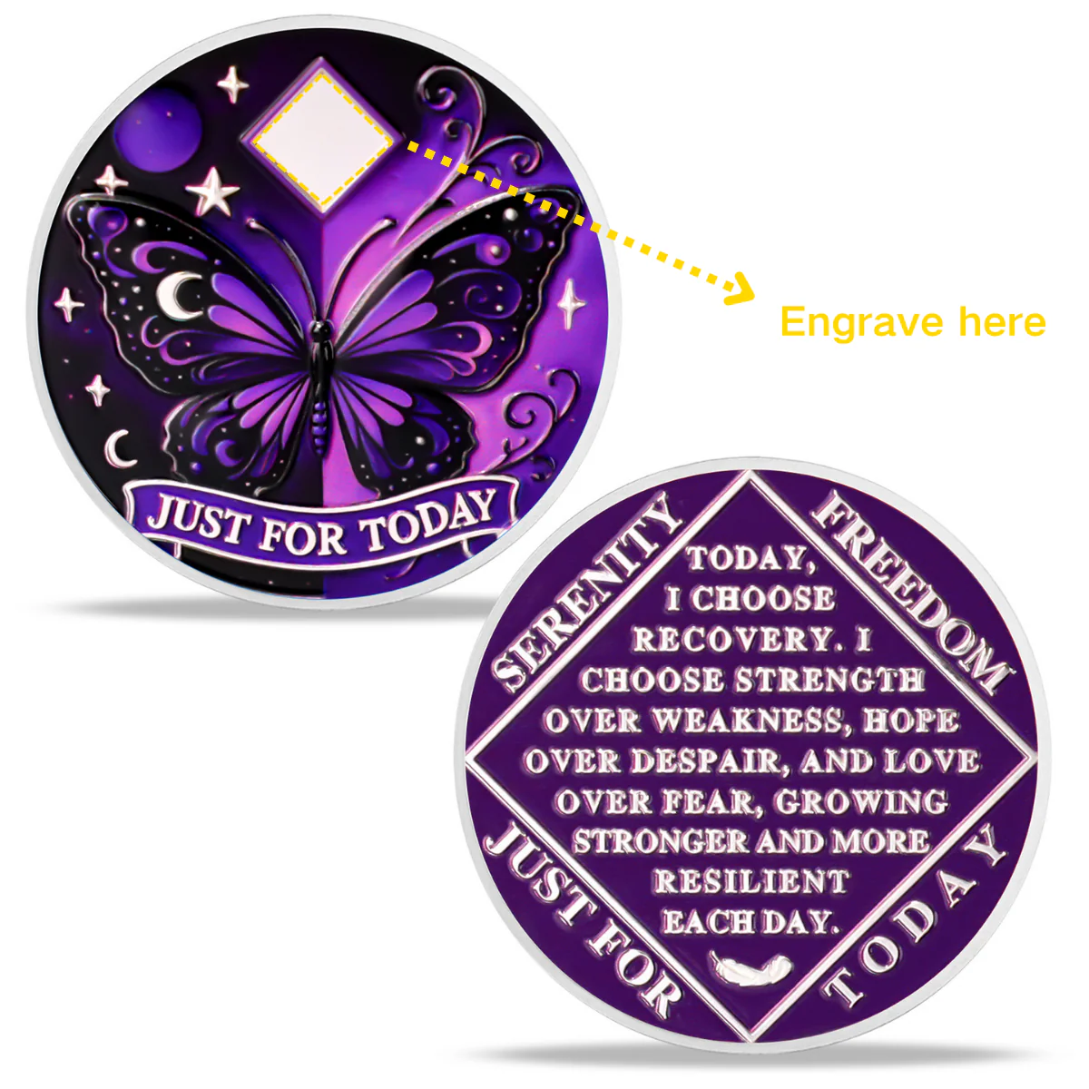 Personalized NA Clean Time Chip Moonlight Butterfly Narcotics Anonymous Medallion - Image 2