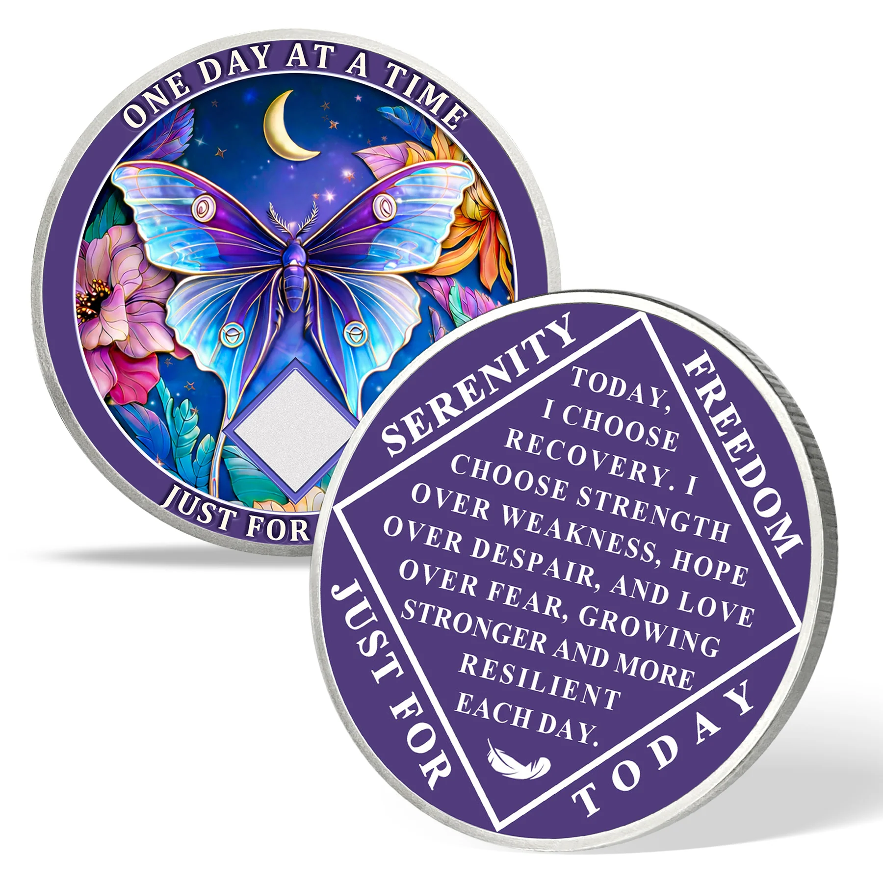 Personalized NA Clean Time Chip Purple Night Moon Moth Narcotics Anonymous Medallion - Image 12