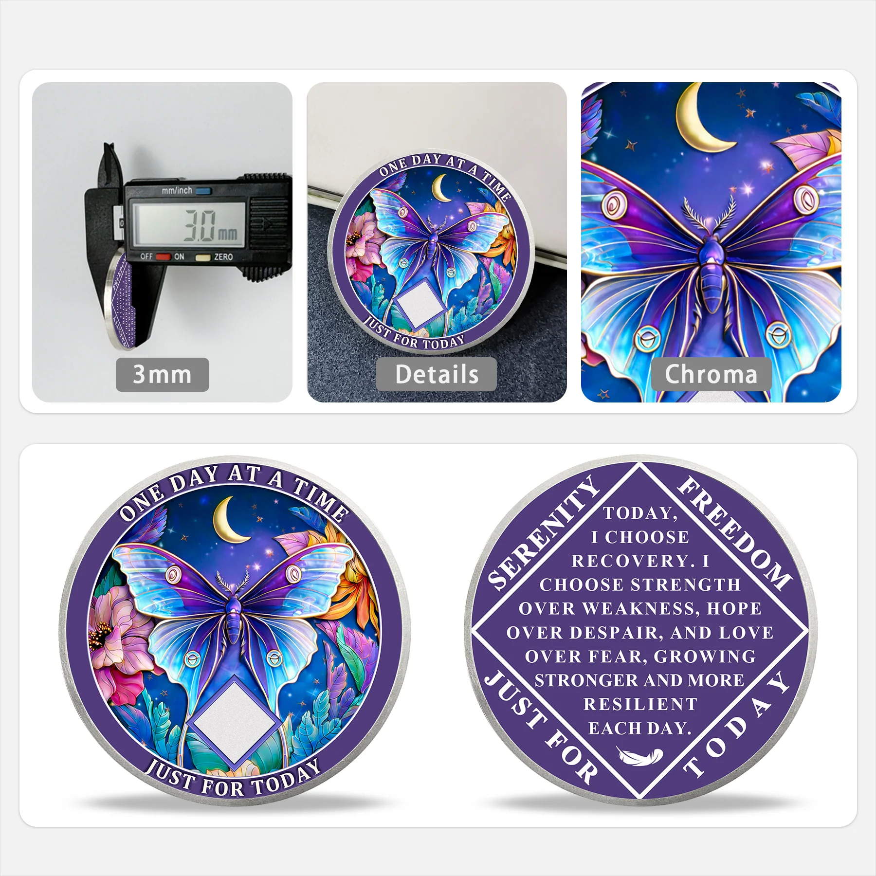 Personalized NA Clean Time Chip Purple Night Moon Moth Narcotics Anonymous Medallion - Image 4