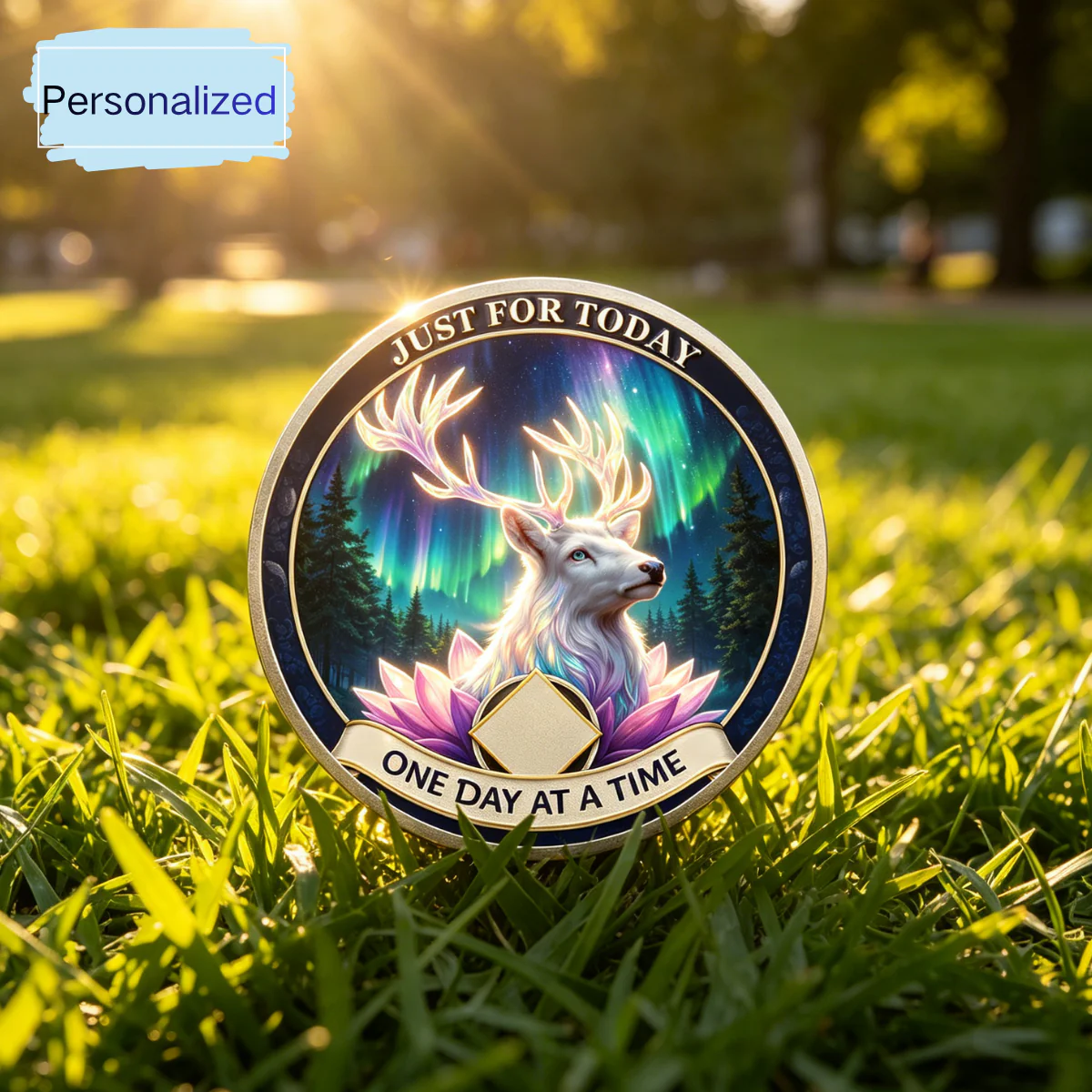 Personalized NA Clean Time Chip The Aurora White Deer Narcotics Anonymous Medallion
