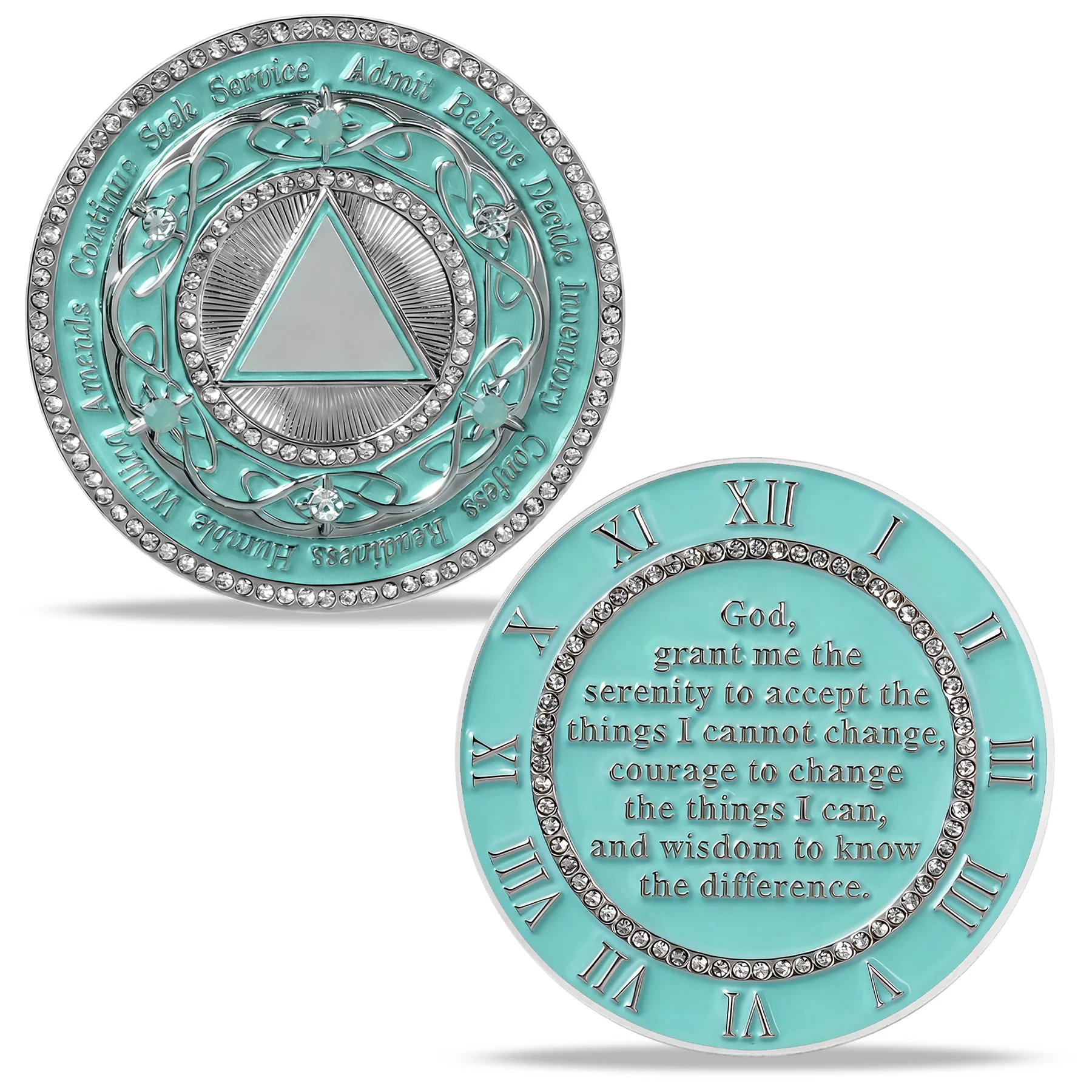 Personalized Sobriety Mint Diamond Serenity Twelve-Step AA Recovery Medallion/Chip/Coin – Nickel-Plated with Pink/Green & White Crystals - Image 19