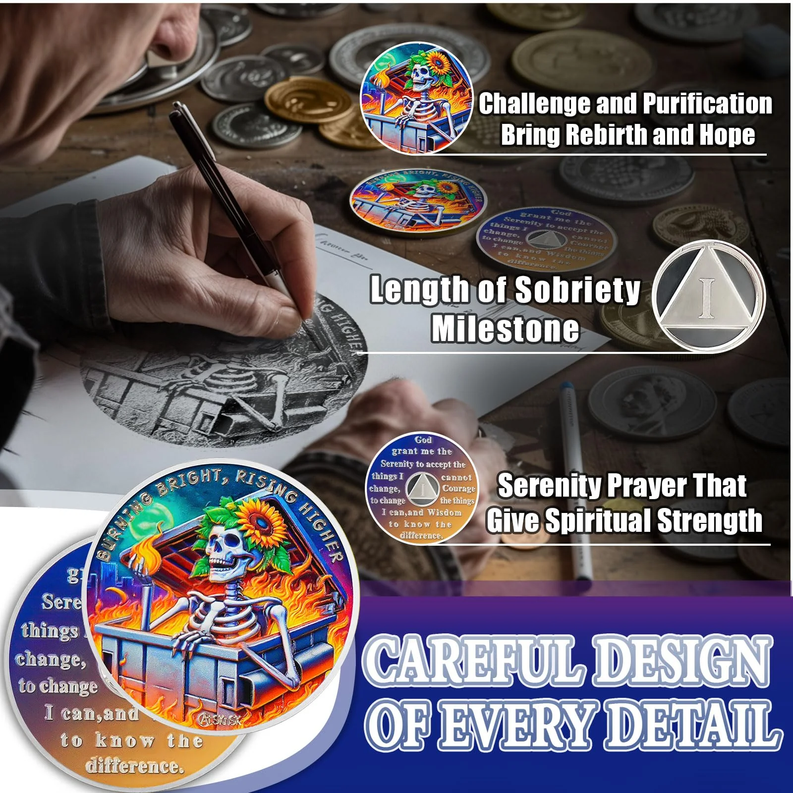 Personalized Sobriety Min Reborn in Fire Sunflower Skeleton AA Recovery Medallion/Chip/Coin - Image 7