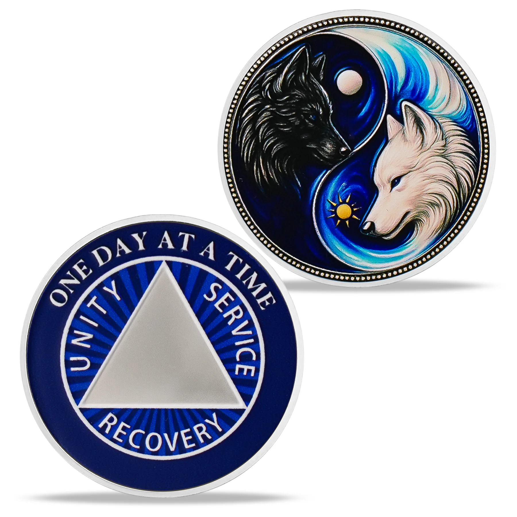 Personalized Sobriety Mint Eternal Balance Dual Wolf AA Recovery Medallion/Chip/Coin - Image 2