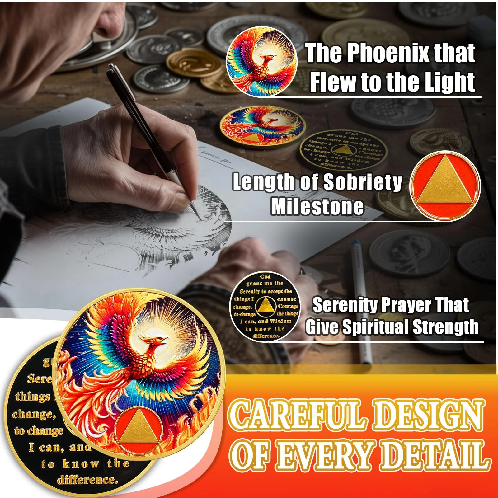 Personalized Sobriety Mint Rebirth in Fire Phoenix of Light AA Recovery Medallion/Chip/Coin - Image 6