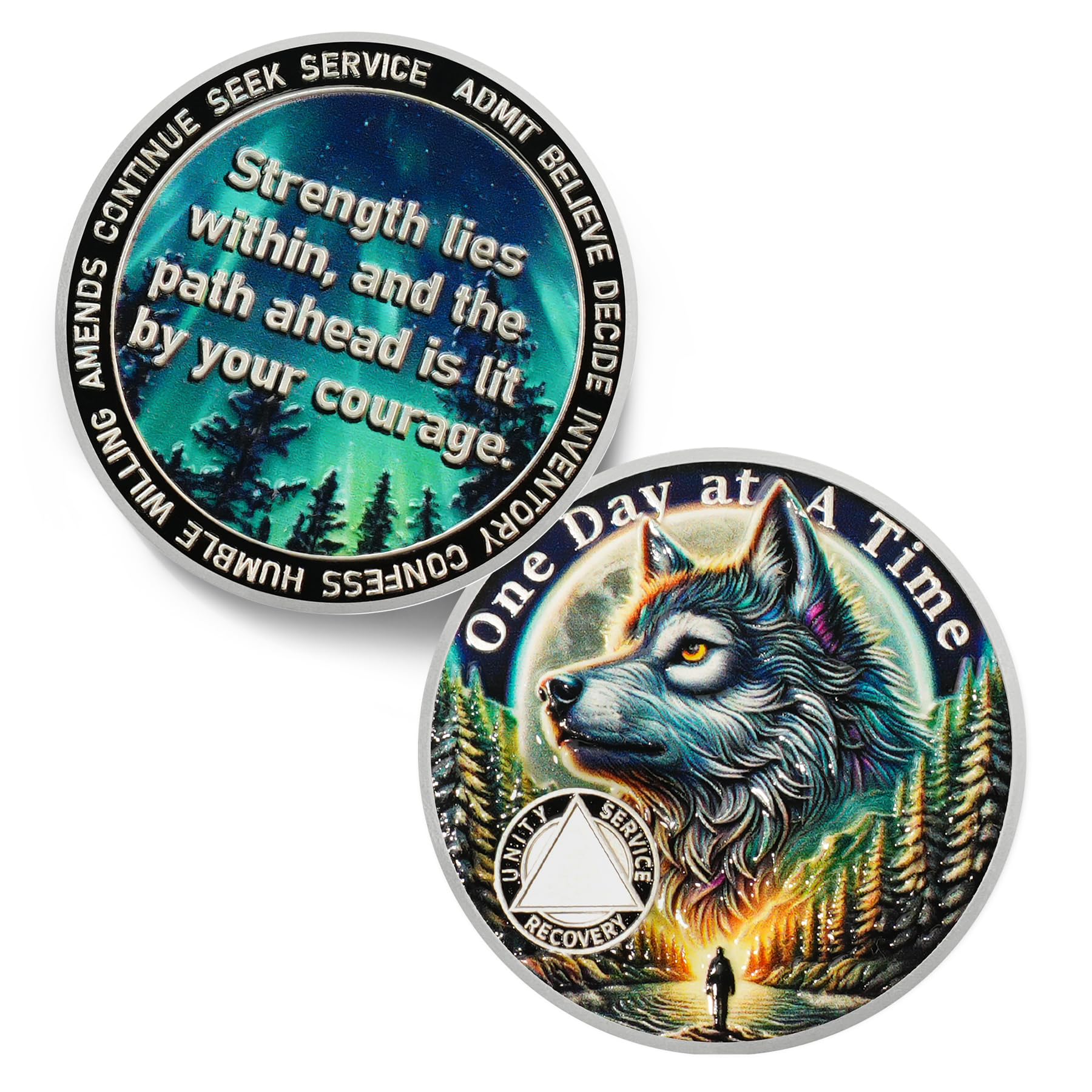 Personalized Sobriety Mint Recovery Triangle Forest Wolf AA Recovery Medallion/Chip/Coin - Image 2