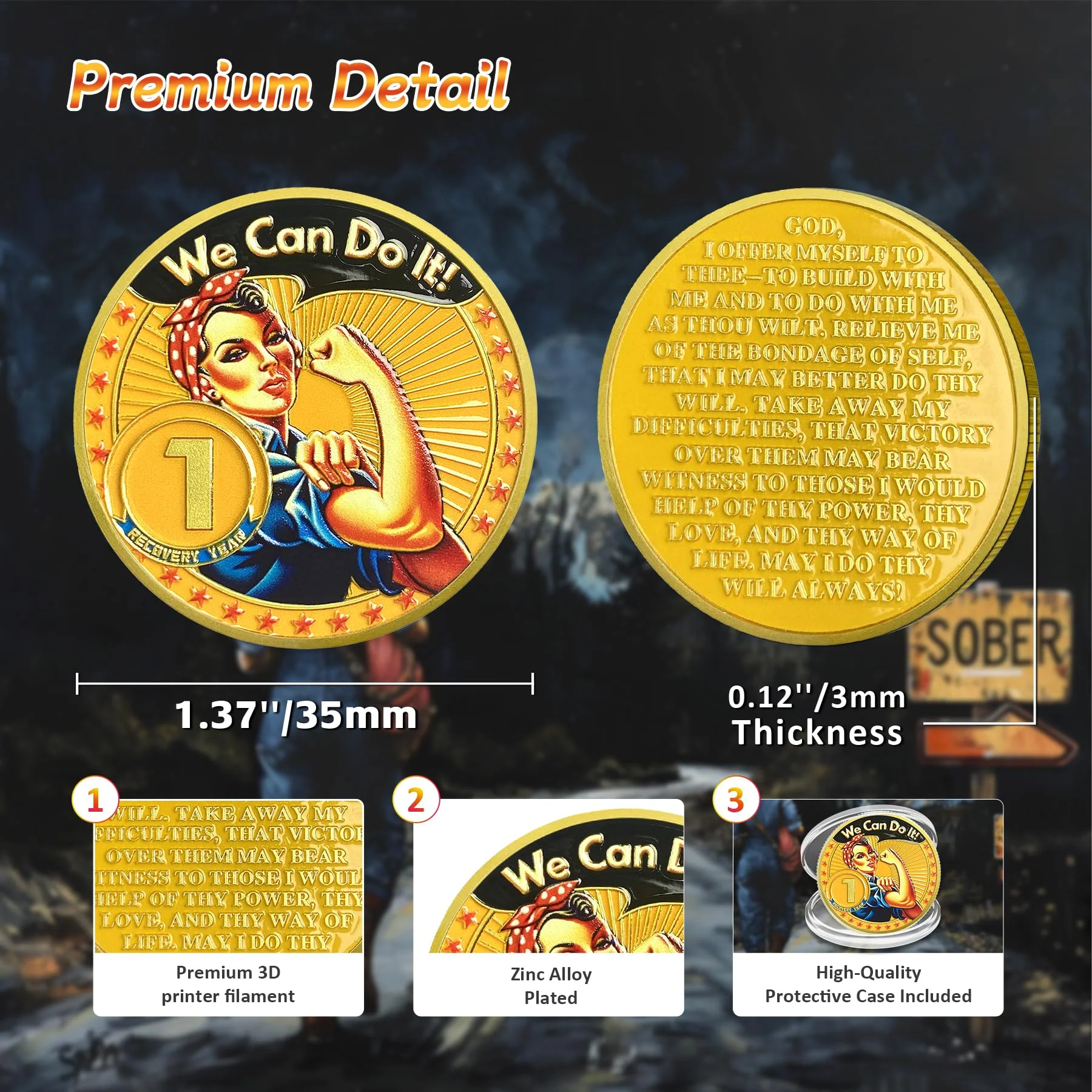 Rosie The Riveter 1-3 Year Sobriety Coin - Image 4