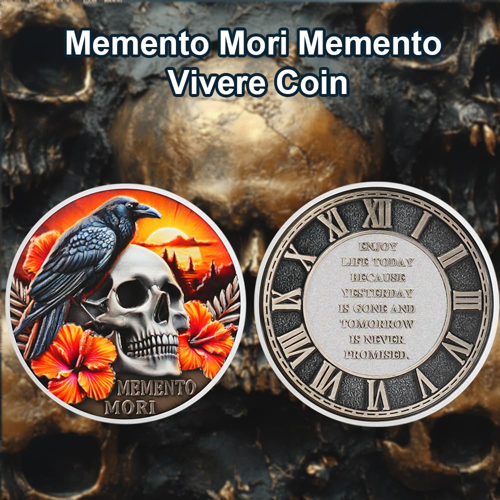 EDC Stoic Reminder Token Sunset & Floral Backgroind Inspiring Life & Death Stoicism Memento Mori Skull Challenge Coins - Image 2