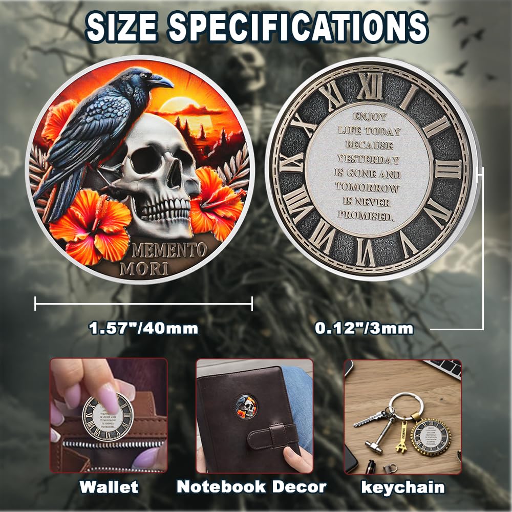 EDC Stoic Reminder Token Sunset & Floral Backgroind Inspiring Life & Death Stoicism Memento Mori Skull Challenge Coins - Image 8
