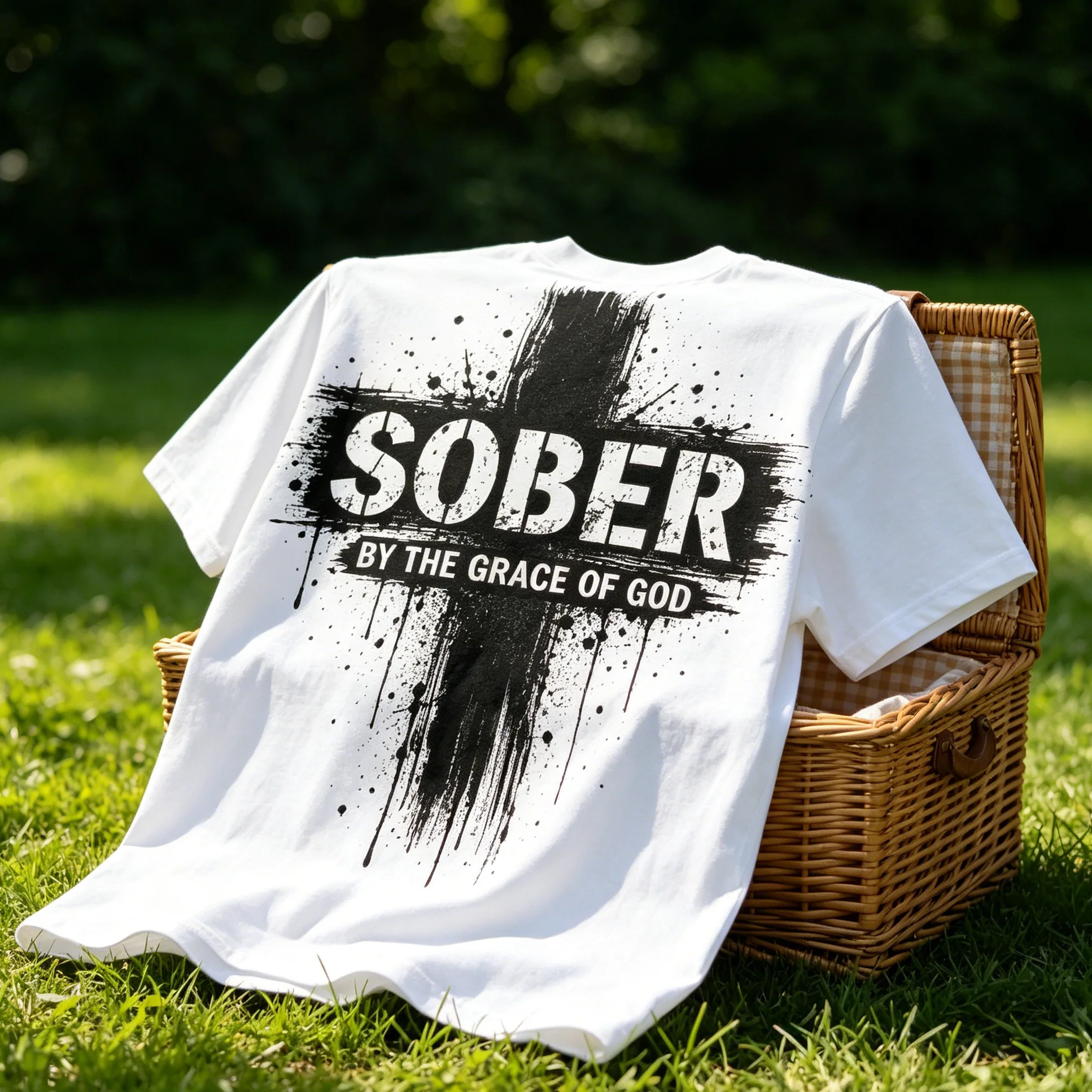 SOBER By The Grace of God– Grunge Cross T-Shirt | Faith-Based Recovery Apparel for AA/NA
