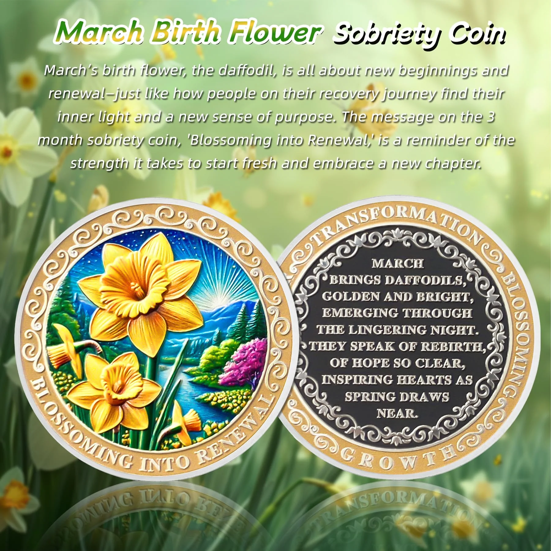 Sobriety Mint Pretty March Daffodil Birth Flower AA Recovery Medallion/Chip/Coin - Image 6