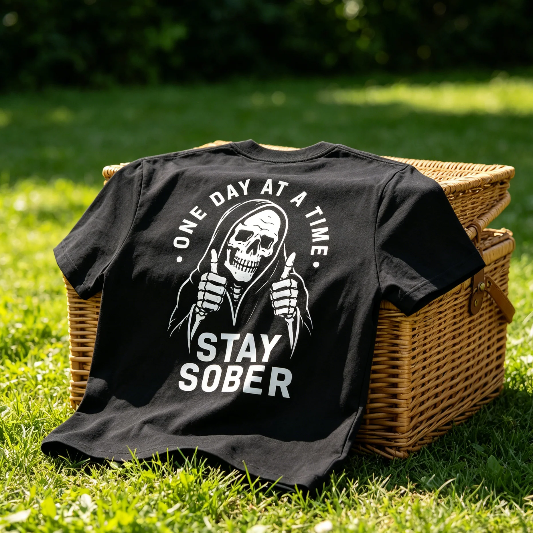 "STAY SOBER" – Grim Reaper Thumbs Up Tee | Funny Recovery T-Shirt | One Day at a Time