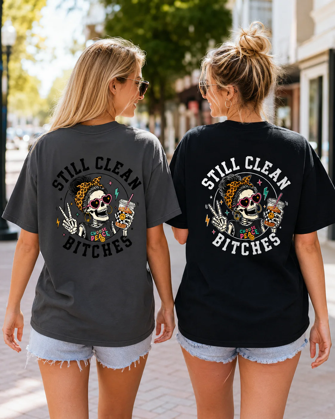 Still Clean Bitches Skull & Coffee Tee | 100% Combed Cotton | Leopard Print Skeleton T-Shirt - Image 5