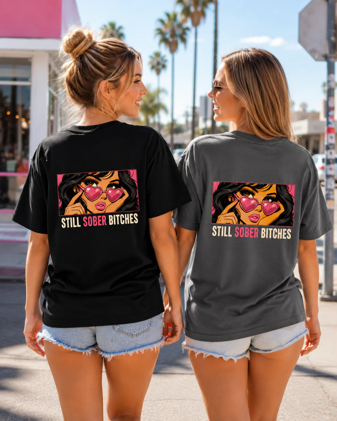 Still Sober Bitches – Comic Style Pink Heart Shades Graphic Tee | Premium Ultra-Soft Cotton | Best Sober Gift for Women - Image 3