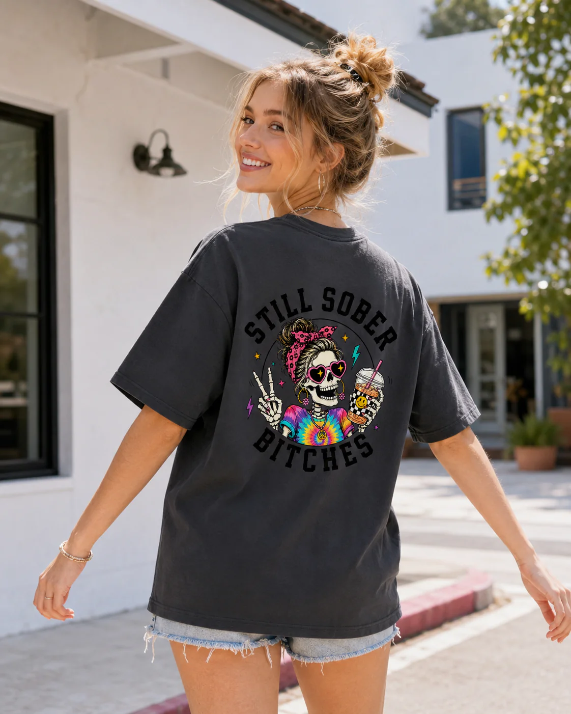 "STILL SOBER BITCHES" – Tie-Dye Skeleton & Iced Coffee Tee | 100% Combed Cotton Recovery Shirt - Image 4