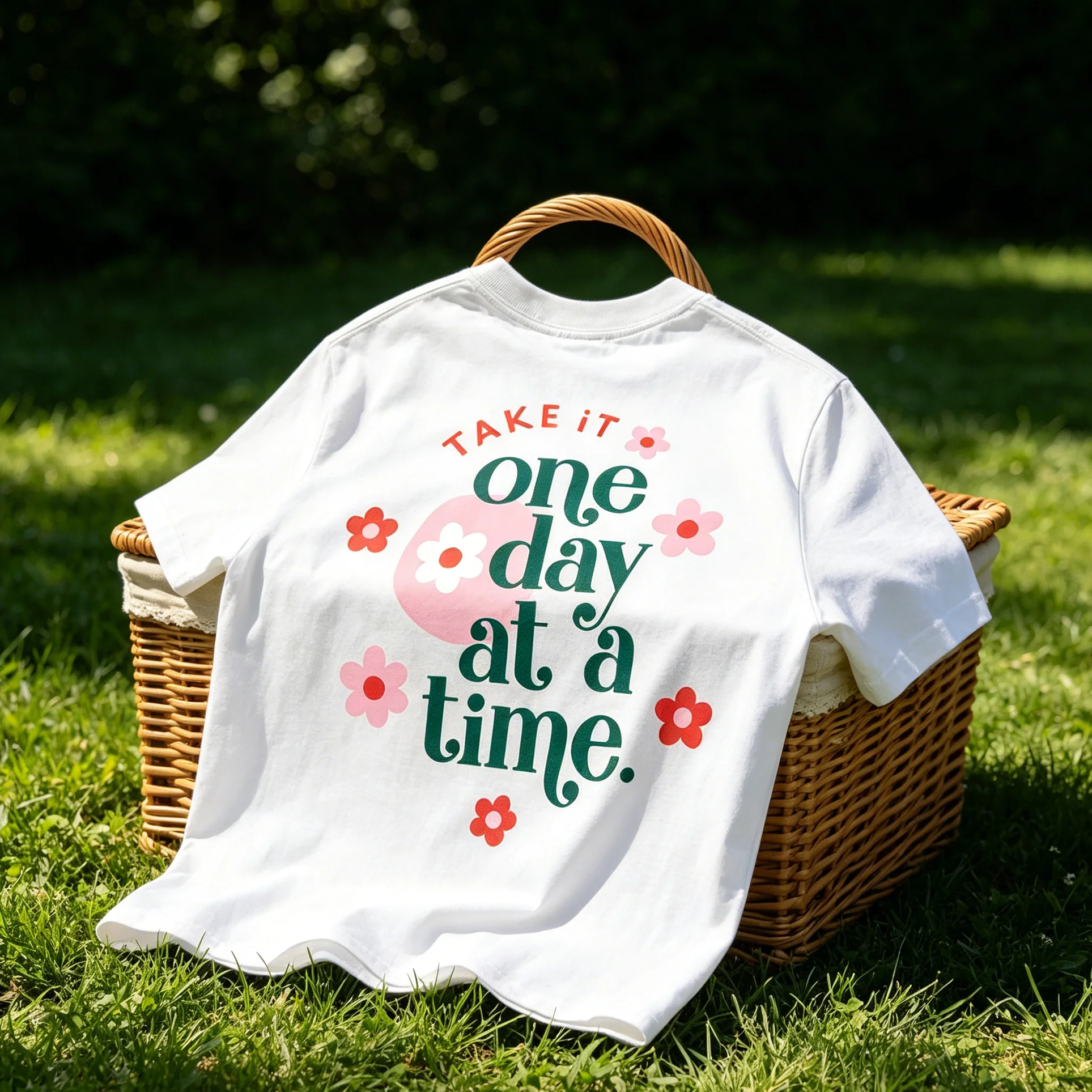 TAKE IT One Day at a Time – Cute Floral & Retro Typography Tee | 100% Combed Cotton Recovery T-Shirt