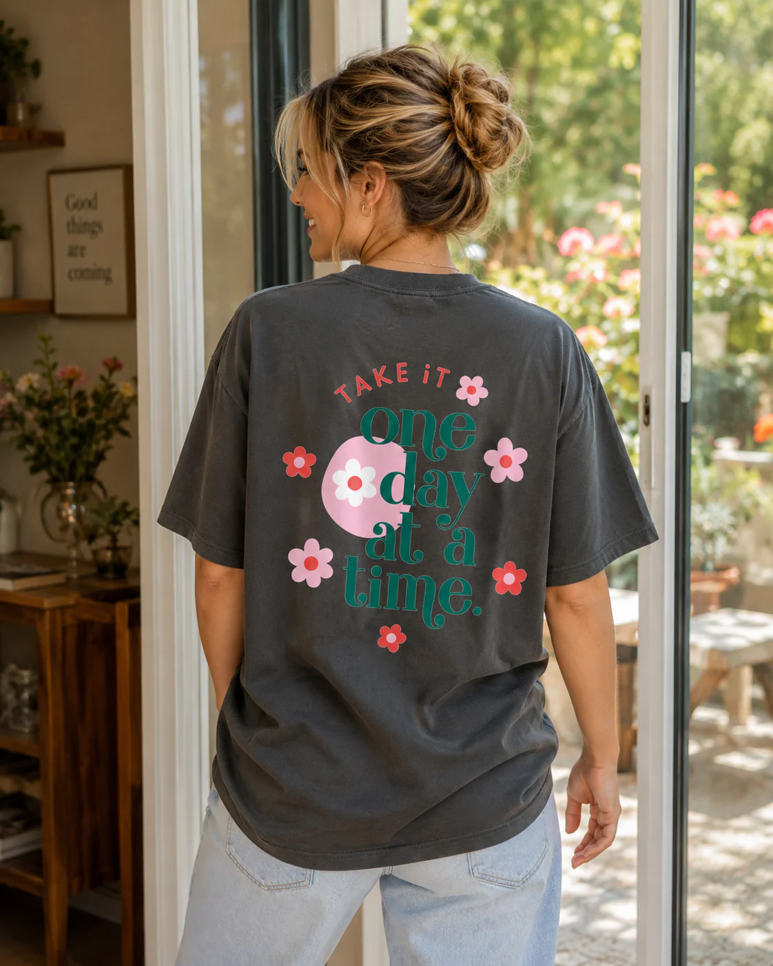 TAKE IT One Day at a Time – Cute Floral & Retro Typography Tee | 100% Combed Cotton Recovery T-Shirt - Image 3