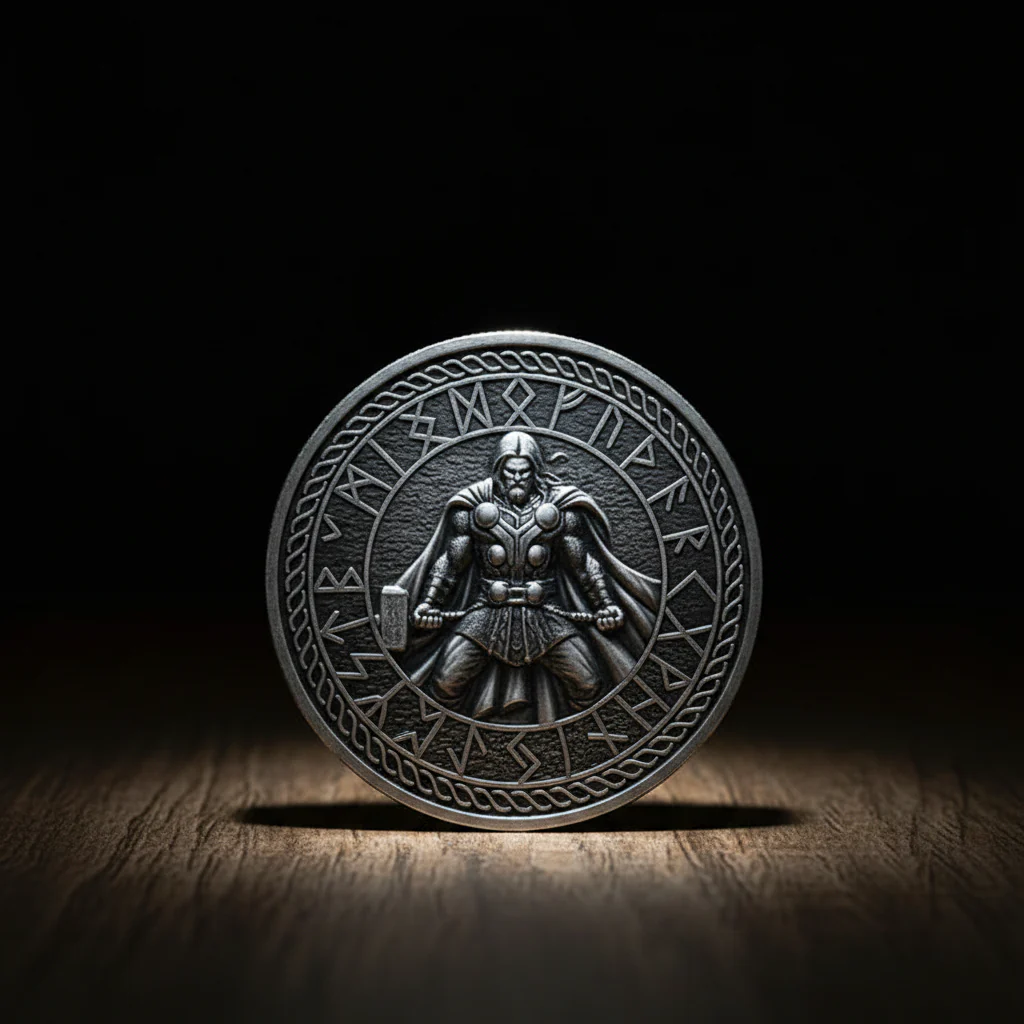 Thor Viking Norse God with Mjölnir and Runes Challenge Coin