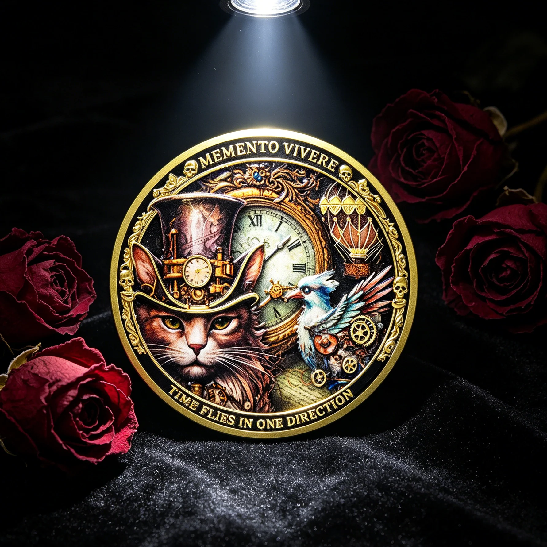 Wonderland Forest & Steampunk Cat Memento Mori Coin