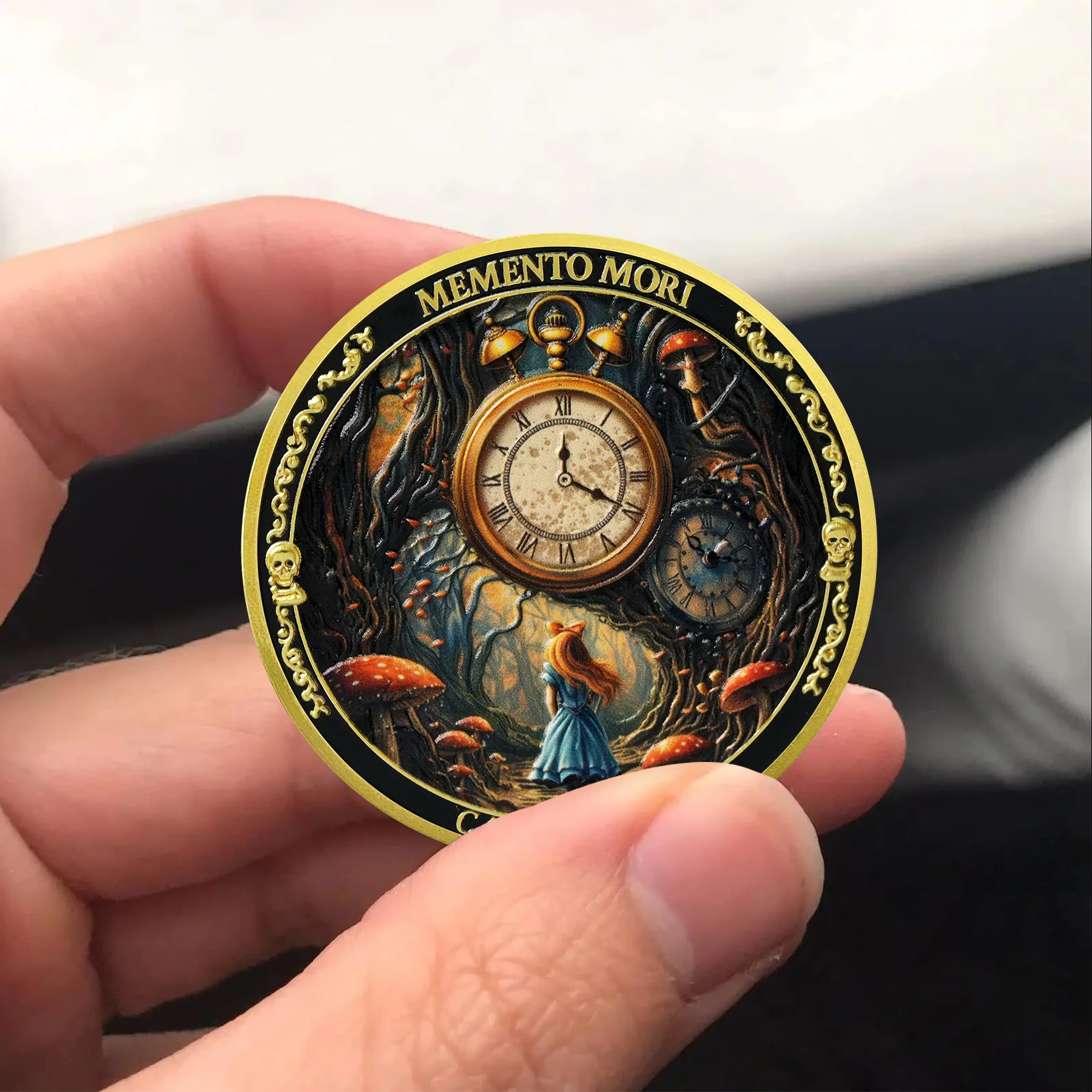 Wonderland Forest & Steampunk Cat Memento Mori Coin - Image 5