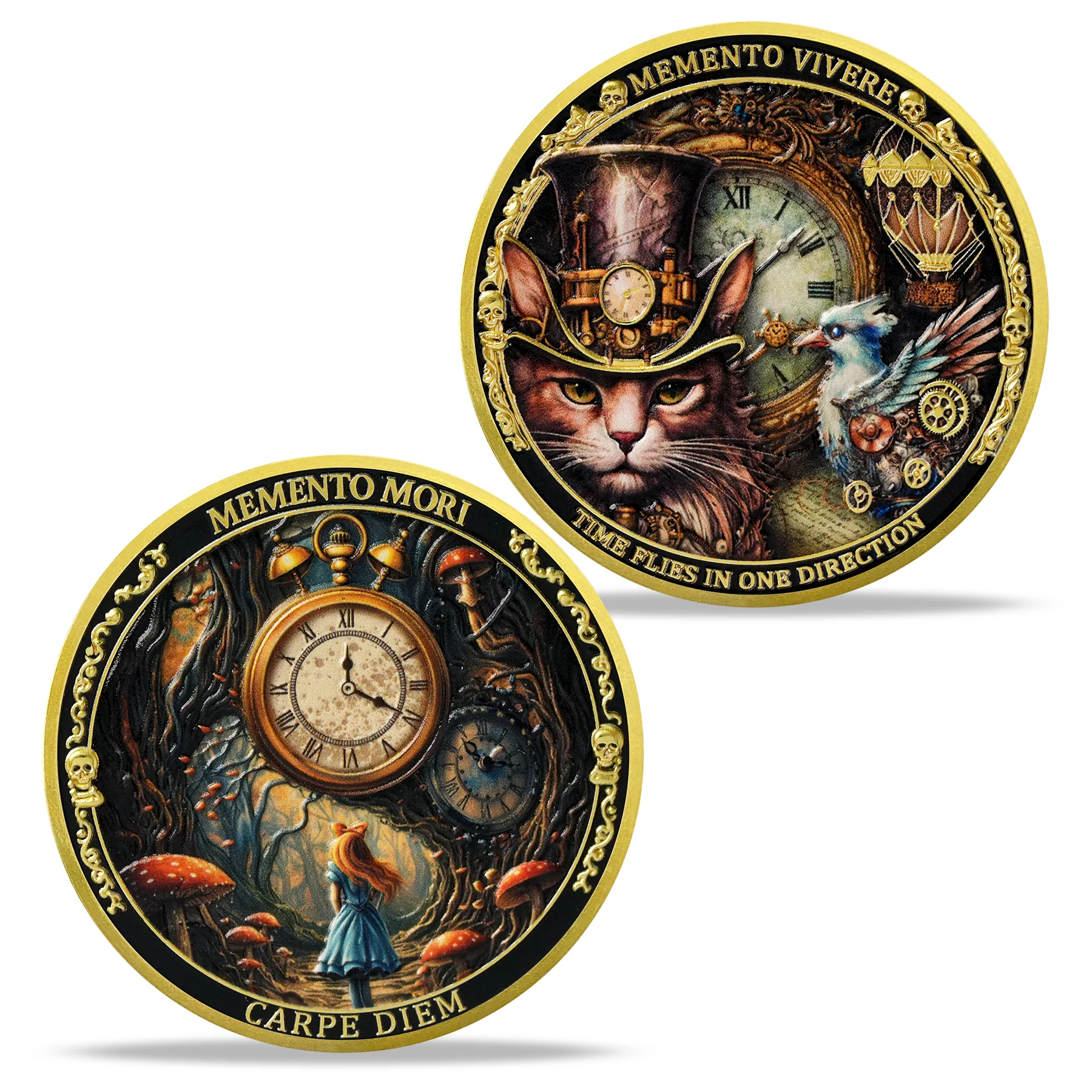 Wonderland Forest & Steampunk Cat Memento Mori Coin - Image 8