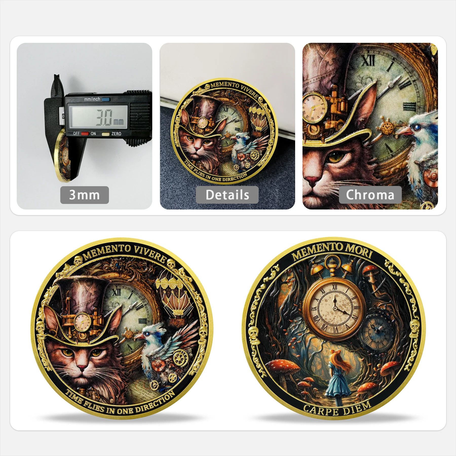 Wonderland Forest & Steampunk Cat Memento Mori Coin - Image 9